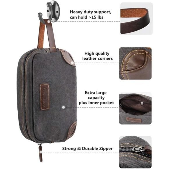 Travel Toiletry Bag for Men, Leather and Canvas Toiletry Bags, Dopp Kit for Men - Picture 2 of 7